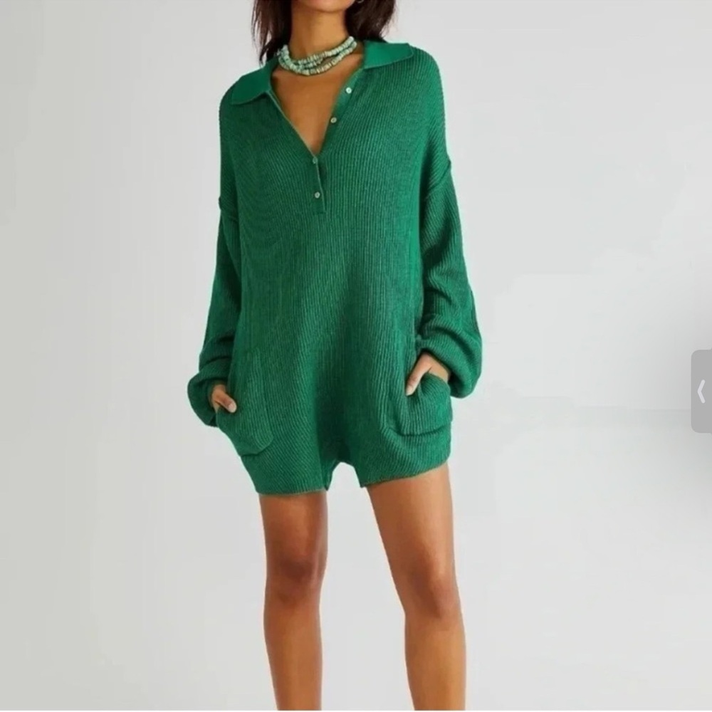 Free People Beach Green Ribbed Long Sleeve Picnic Sweater Romper Size XS